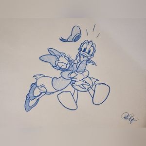 Disney Donald and Daisy Duck in love Drawing/sketch animation art signed